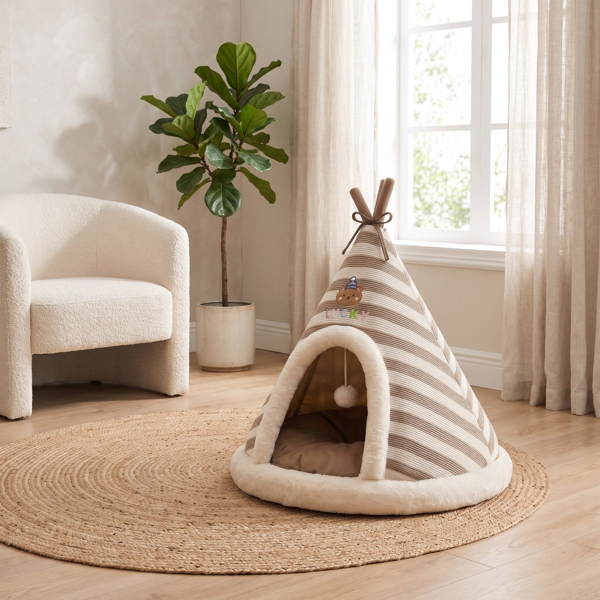 Nuzzlia cat teepee bed in a bright living room