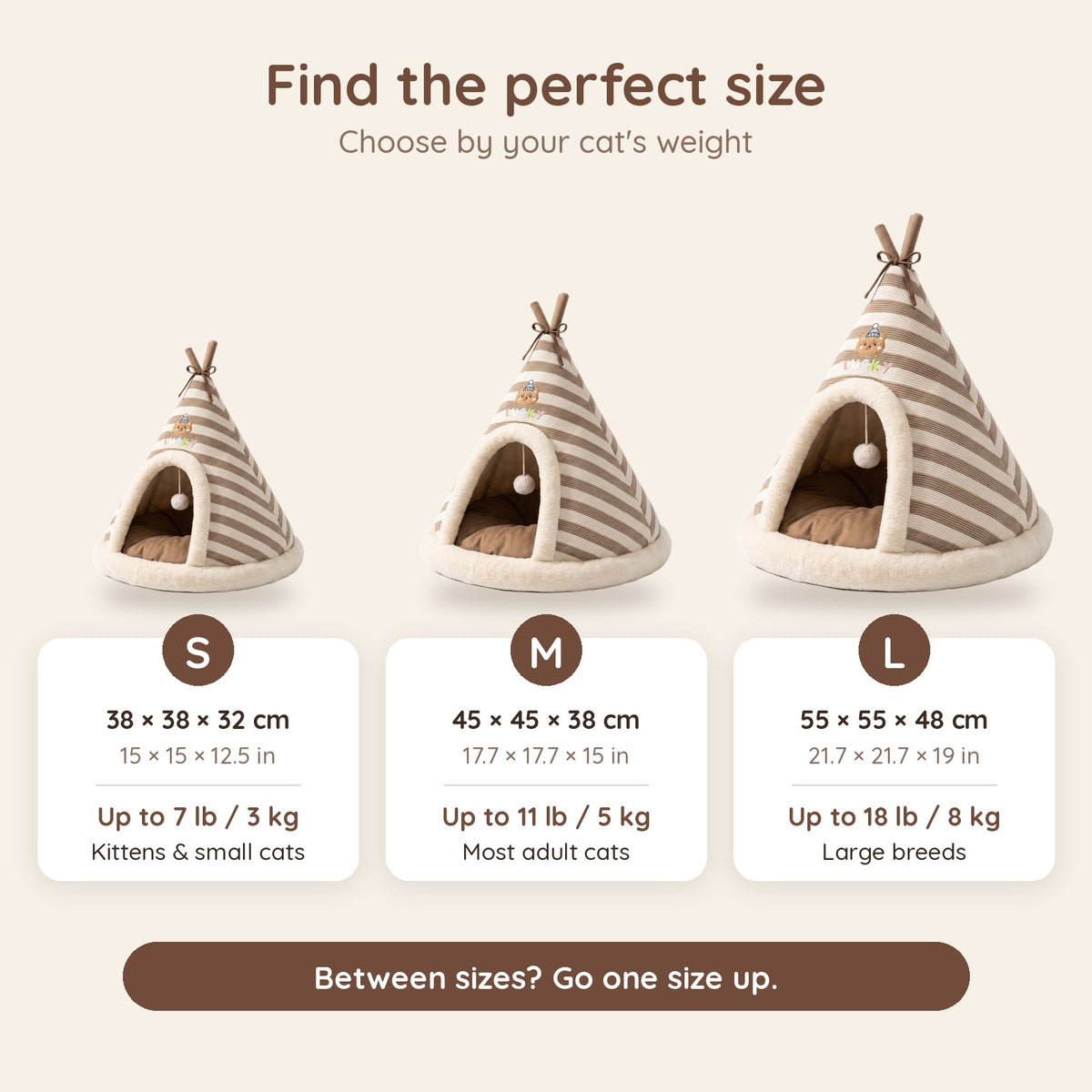 Nuzzlia cat teepee bed size guide S M L by cat weight