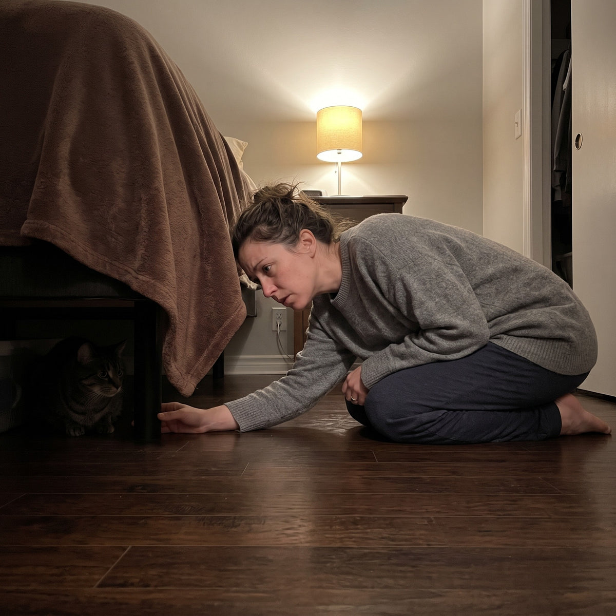 Cat hiding under the bed