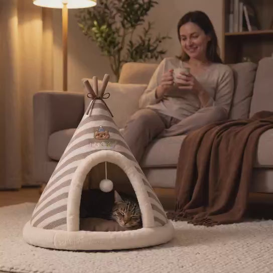 Cat sleeping in the Nuzzlia teepee bed